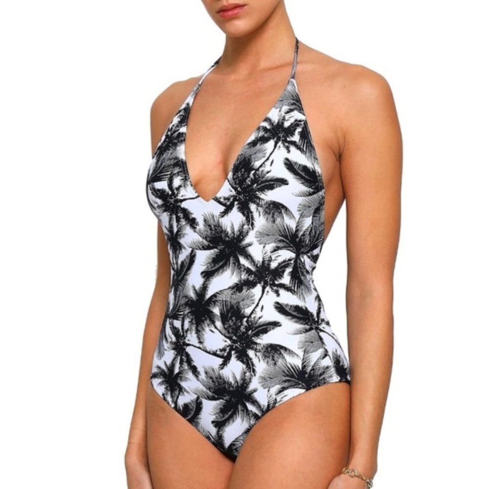 Onia Nina Tropical Print Black & White One-Piece Swimsuit Size Small